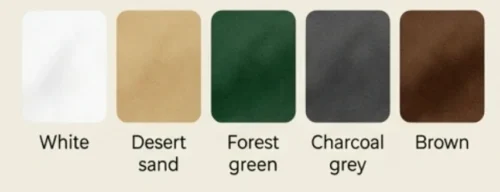 Some Popular Fabric Colors: White, Desert Sand, Forest Green, Grey, Brown