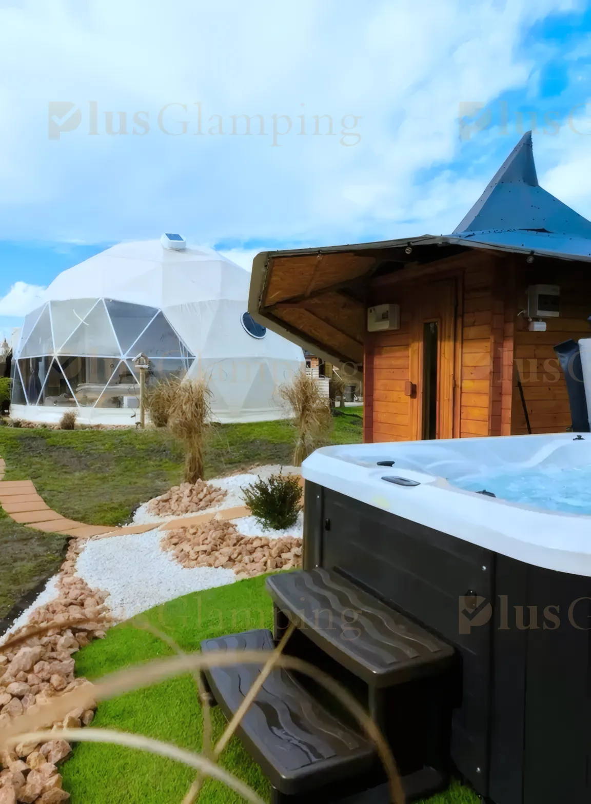 7M Boutique Glamping Dome Retreat with Sauna Cabin & Hot Tub